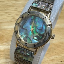 Vintage Pearl Quartz Watch Women Abalone Gold Roman Tone Stretch New Battery - £24.90 GBP