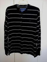 AMERICAN EAGLE MEN&#39;S LS PULLOVER BLACK/WHITE STRIPED POLO SHIRT-L-NWOT-S... - £10.29 GBP