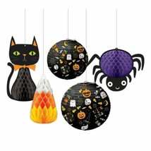 Hanging Halloween Bouquet 5 Pc Lanterns Spider Cat Candy Corn - $17.81