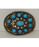 VTG Oval Pewter Tone Metal Western Belt Buckle 10 Faux Turquoise 10 Rhin... - $24.70