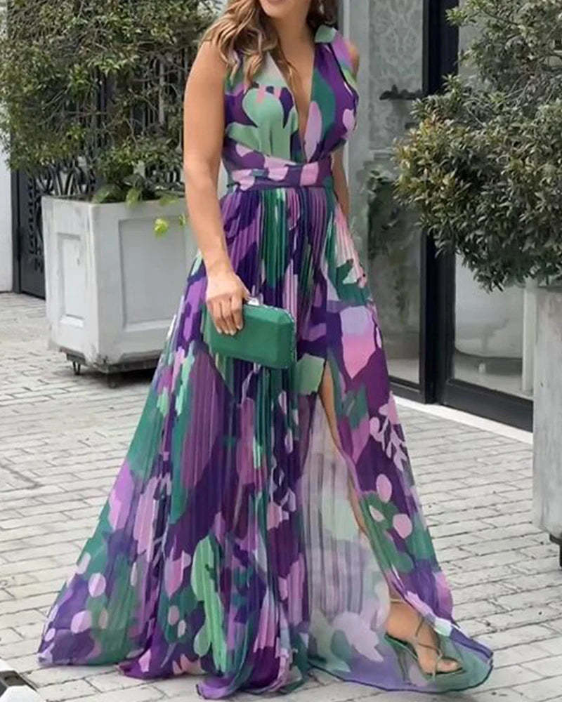 Summer Sexy V-neck Make A Slit Or Vent  Contrasting Floral Print Pleated Maxi Dr