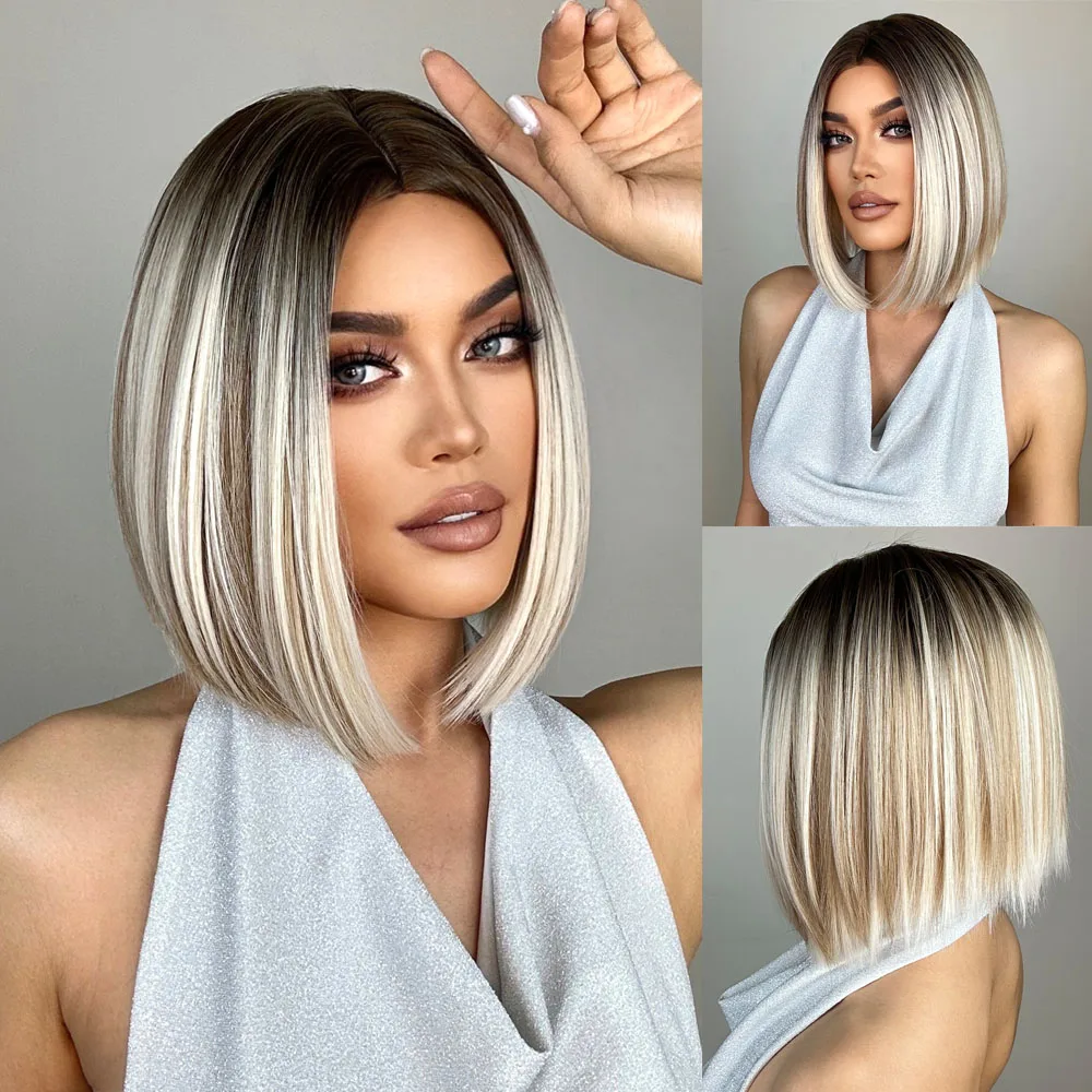 HENRY MARGU Ombre Brown Platinum Blonde Synthetic Wigs Short Straight Bob Wigs - £15.27 GBP