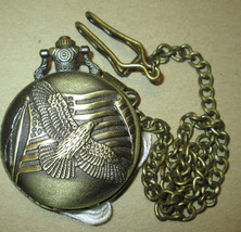 American Flag - Bald Eagle Quartz Pocket Watch with 14&quot; gold tone chain - £14.73 GBP