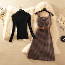 Autumn Winter Sweater Wool Knee-Length Spaghetti Strap With Belt Dress - £36.83 GBP+
