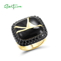 Genuine 925 Sterling Silver Rings Gold Color For Women Black Spinel Edgy Handmad - £58.78 GBP