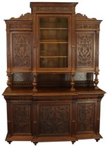 Buffet Renaissance Antique French Cornucopia Flourishes Carved Oak Glass Door - £4,321.09 GBP