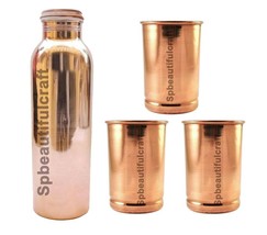 Beautiful Copper Water Drinking Bottle Joint Free 3 Tumbler Glass Health Benefit - £30.52 GBP