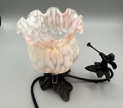 Night Light Pink Tiffany Style Shade Cherub Horn Figurine Cast Iron 5&#39;3&#39; Cord - £33.59 GBP