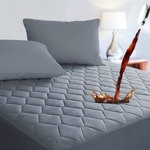 Twin XL Size Quilted Fitted 100% Waterproof Mattress Pad, Breathable, Grey - £26.72 GBP