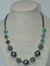 Signed RMN Dark Grey Faux Pearl / Bead Cluster &amp; Blue Faceted Station Necklace - £11.93 GBP
