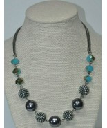 Signed RMN Dark Grey Faux Pearl / Bead Cluster &amp; Blue Faceted Station Ne... - $15.10