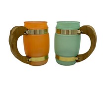 Siesta Ware Brass Banded Barrel Frosted Glass Mugs Wood Handles Green Orange Vtg - £14.91 GBP