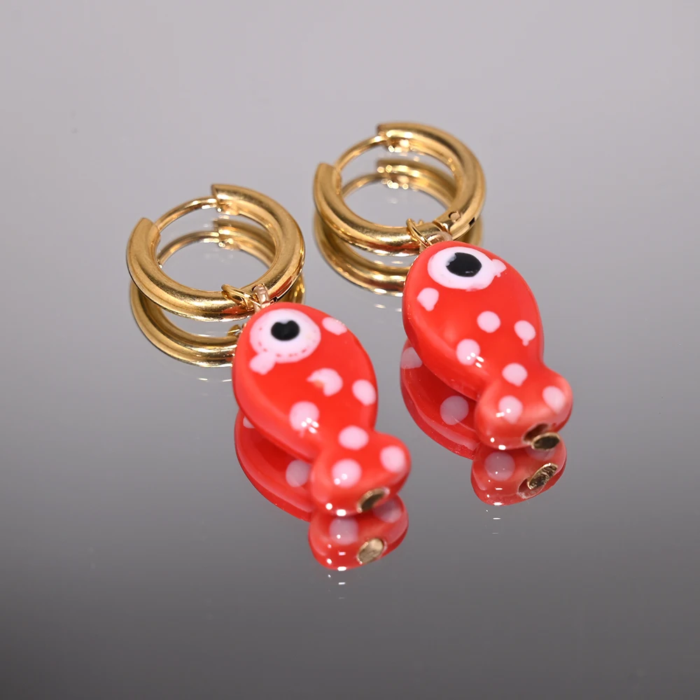Ceramic Fish Pendant Golden Stainless Steel Hoop Earrings for Women 25xh... - $5.16