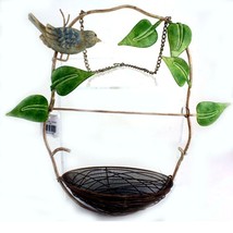Twisted Wrought Iron Metal Hanging Bird Feeder Ivy Leaves Nest &amp; Figurine - $20.00