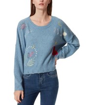 Frayed Denim Womens Gwen Printed Distressed-Hem Crewneck Sweater, Large - $48.33