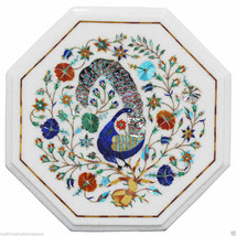 White Marble Coffee Table Top Marquetry Inlay Peacock Art Wedding Gift Decor - £199.67 GBP+