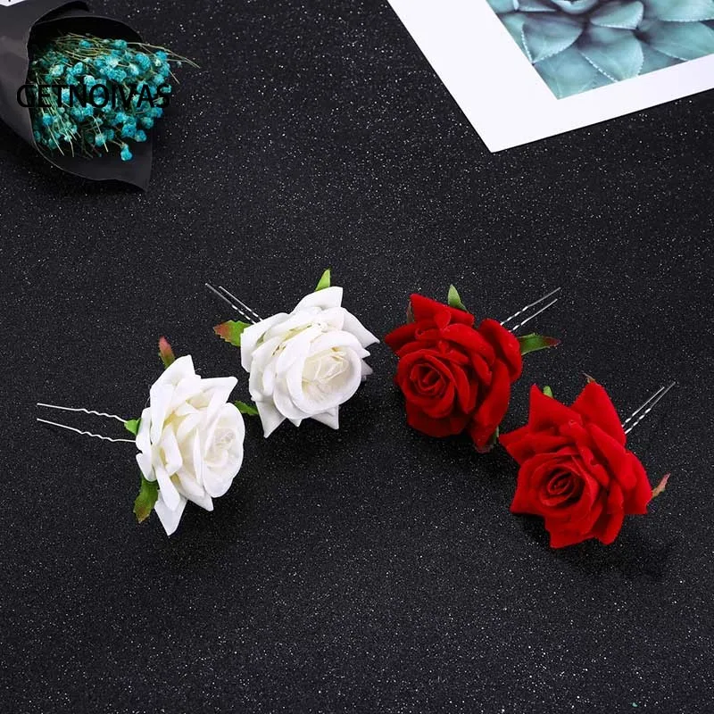 Sporting U Type Red Rose Wedding Bride Jewelry Women Hair Accessories Hair Fork  - £23.90 GBP