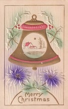 Merry Christmas Gold Bell Purple Flowers 1913 Postcard A30 - $2.99