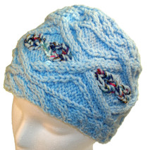 Light blue hand knit hat with sparkly highlights - £20.04 GBP