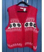 Vintage Red Fair Isle Snowflake Sweater Vest 22W 24W Zip Up Nordic Winter - £19.60 GBP