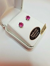 Crystals By Swarovski Pink Tourmaline Stud Back Earrings 2 CTW Silver Plated 6mm - $35.60