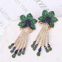 Fashion Green Flower Zircon Tassel Long Drop Earring for Women - £38.61 GBP