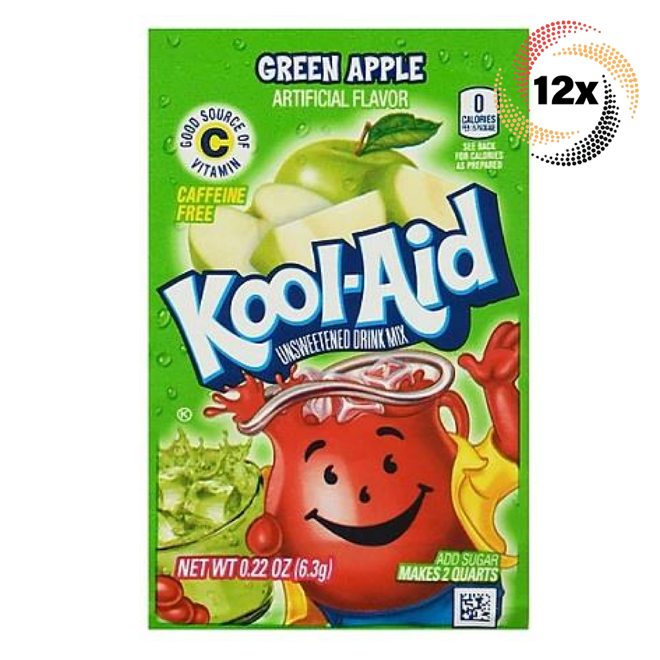 Primary image for 12x Packets Kool-Aid Green Apple Flavor Caffeine Free Soft Drink Mix | .22oz
