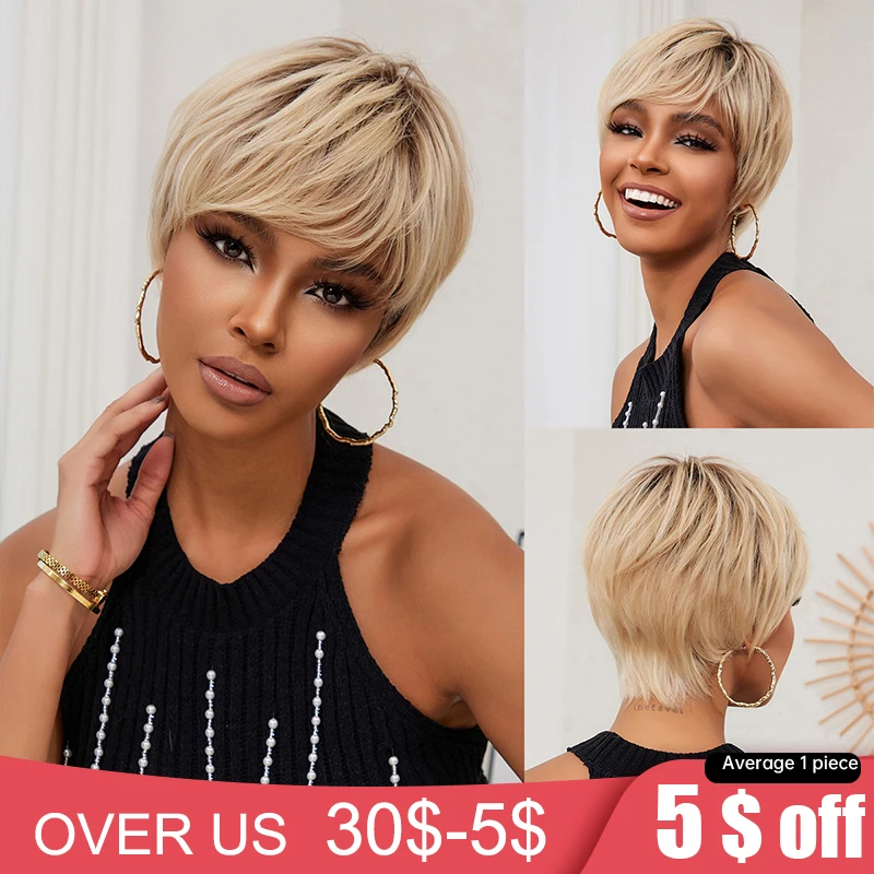 Blonde Ombre Short Remy Human Hair Wigs Pixie Cut Straight Hairs for Black Wom - £48.97 GBP+