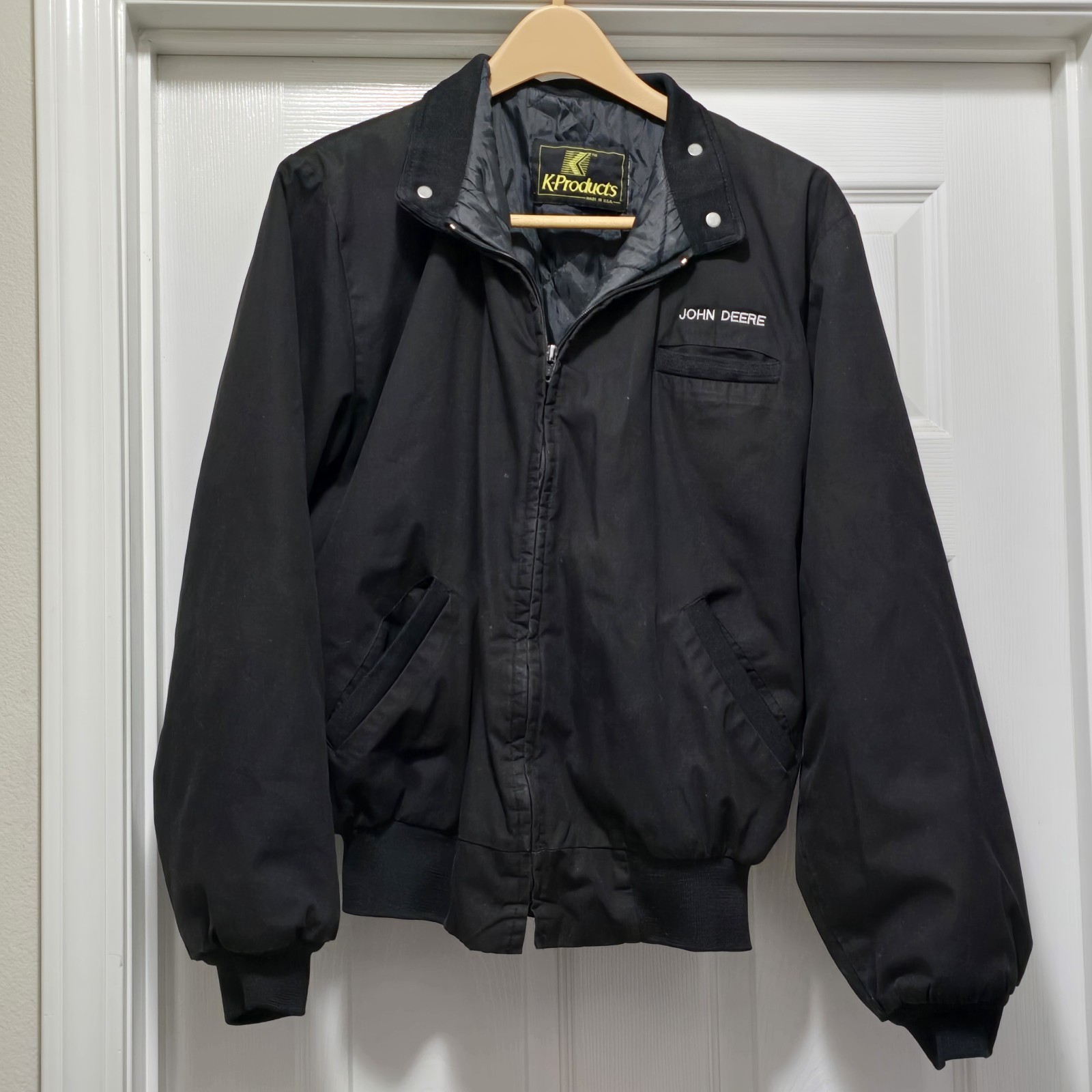 Vintage K Products John Deere Black Zip up Bomber Jacket USA Men&#39;s L - $39.59
