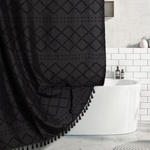Boho Black Textured Shower Curtain With Tassels 72 X 72 Tufted Chevron Striped C - £35.33 GBP