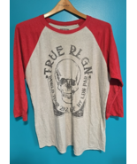 True Religion XL WORLD TOUR 2002 SKULL Raglan Tee Vintage Red Heather Gray  - $29.59