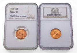 Lot of 2 MS-66 Red Lincoln Cents (1955-S and 1958-D) Gorgeous Set! - £54.49 GBP