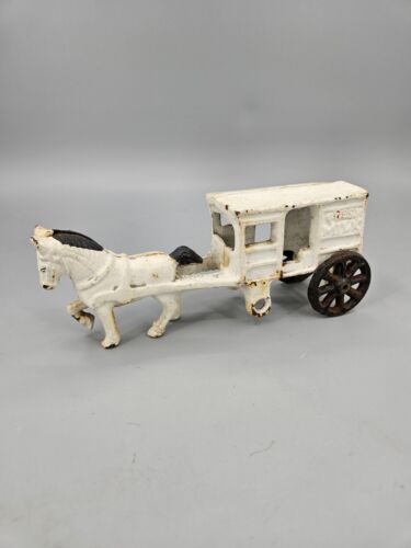 Primary image for Vintage Cast Iron “Fresh Milk” Horse Drawn Wagon Collectible 7” White Black