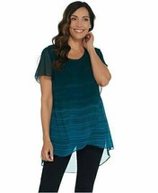 H by Halston Ombre&#39; Printed Chiffon Overlay Short Sleeve Tunic Teal Small - £11.22 GBP