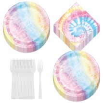 Tie Dye Swirl Paper Dessert Plates, Luncheon Napkins, and Forks - Beach Bum, 60&#39; - £12.94 GBP