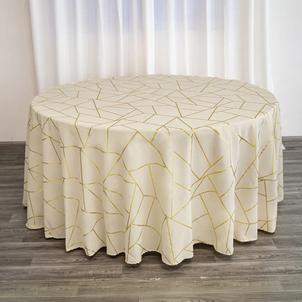 Beige - 120&quot; Round Polyester Tablecloth With Gold Foil Geometric Pattern - £39.99 GBP