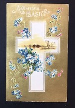 Antique A Cheerful Easter Greeting Card Embossed Flowers Landscape in Cr... - $9.00