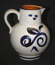 Art Pottery Stoneware Pitcher Gray w Cobalt Blue Design W. Germany 418-74 - $29.69