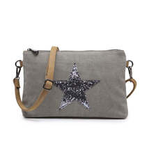 Pale Grey with Silver Flat Star Canvas Clutch/Crossbody with Strap - $26.35