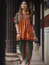 Kedia Set Embroidered Deep Green And Orange Rajasthani Dhingli Couple Size S-Xl - $38.16