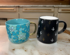 Lot of 2 Thyme &amp; And Table Mugs Cups Black Teal Floral Flowers Stoneware... - $15.79