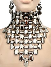Choker Bib Necklace Earring Set Silver Gray Acrylic Rhinestones Drag Que... - $80.28