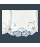 Vintage White Linen Hand Towels w/ Blue Floral Embroidery Set Of 2 KItch... - £18.39 GBP