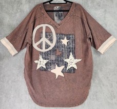 Oli &amp; Hali Shirt Womens Large Brown Washed Hippie Peace 3/4 Sleeve Oversize Top - £49.60 GBP