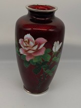 Vintage Japanese Red Enamel on Silver Vase with Roses 7.5&quot; - $64.35