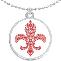 Red Pattern Fleur De Lis Round Pendant Necklace Beautiful Fashion Jewelry - £8.49 GBP