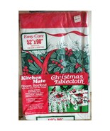 Vintage Christmas Table Cloth Red &amp; Green Holly Foam Back 52 x 90 Easy C... - $9.49