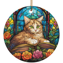 Funny Cat Book Ornament Colors Stained Glass Art Flower Wreath Christmas Gift - £11.57 GBP
