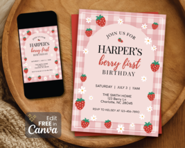 Editable Berry First Birthday Invitation Girl: Strawberry Theme Invite - €0,00 EUR