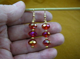 (EE-503-101) faceted Red Austrian crystal 12x8 mm 3 bead dangle gold earrings - £21.58 GBP